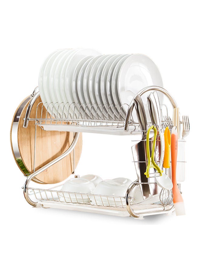 2-Tier Dish Drying Rack With Removable Drain Board White/Silver 41.5x14x25.5cm 