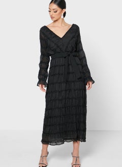 Self-Tie Waist Strap Tiered Smock Dress Black