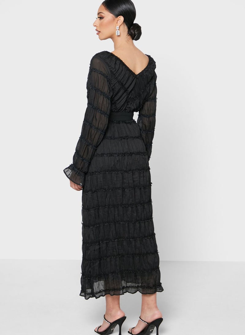 Khizana - Self-Tie Waist Strap Tiered Smock Dress Black - Image 1