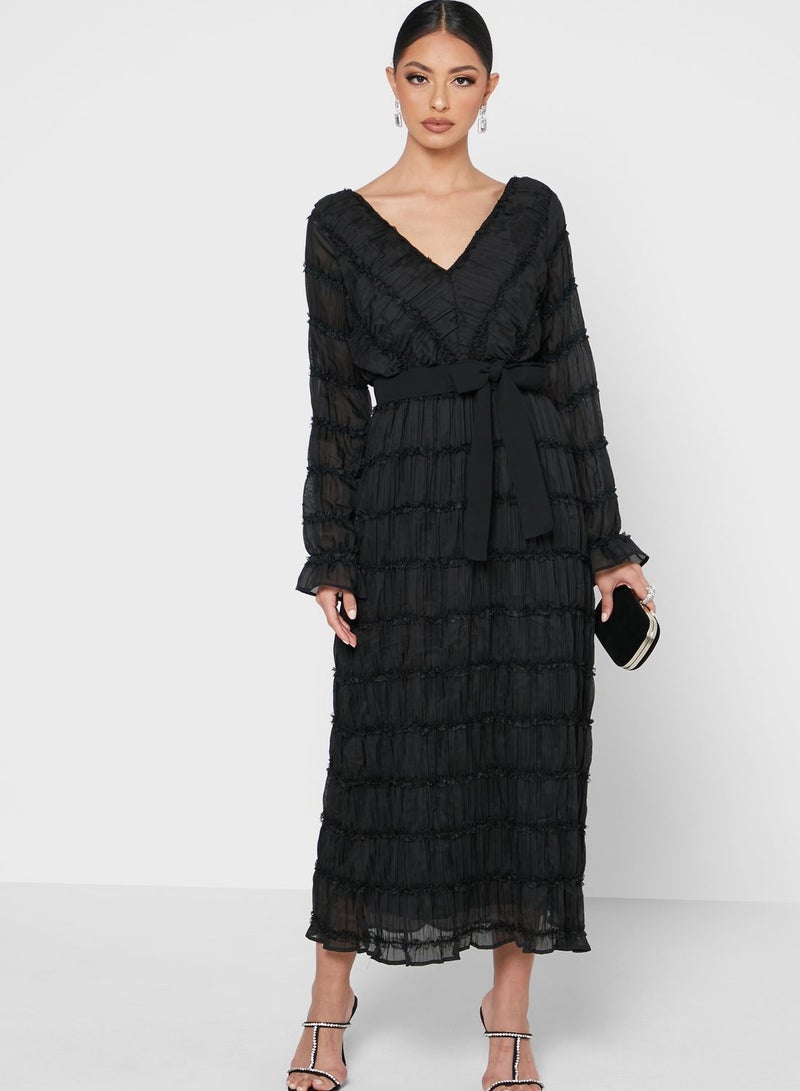 Khizana - Self-Tie Waist Strap Tiered Smock Dress Black - Image 1