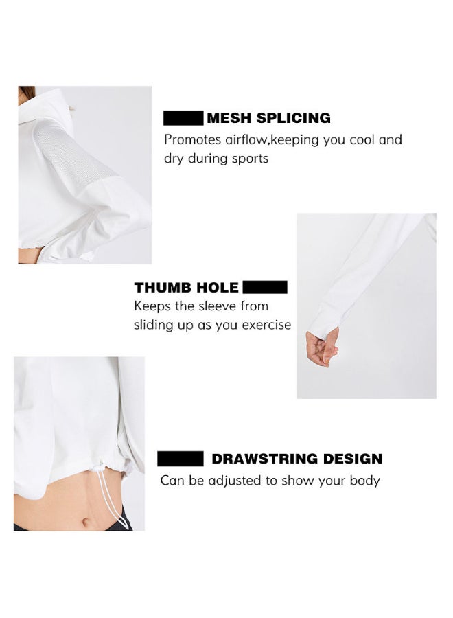 Solid Pattern Long Sleeve Crop Hoodie White - Image 4