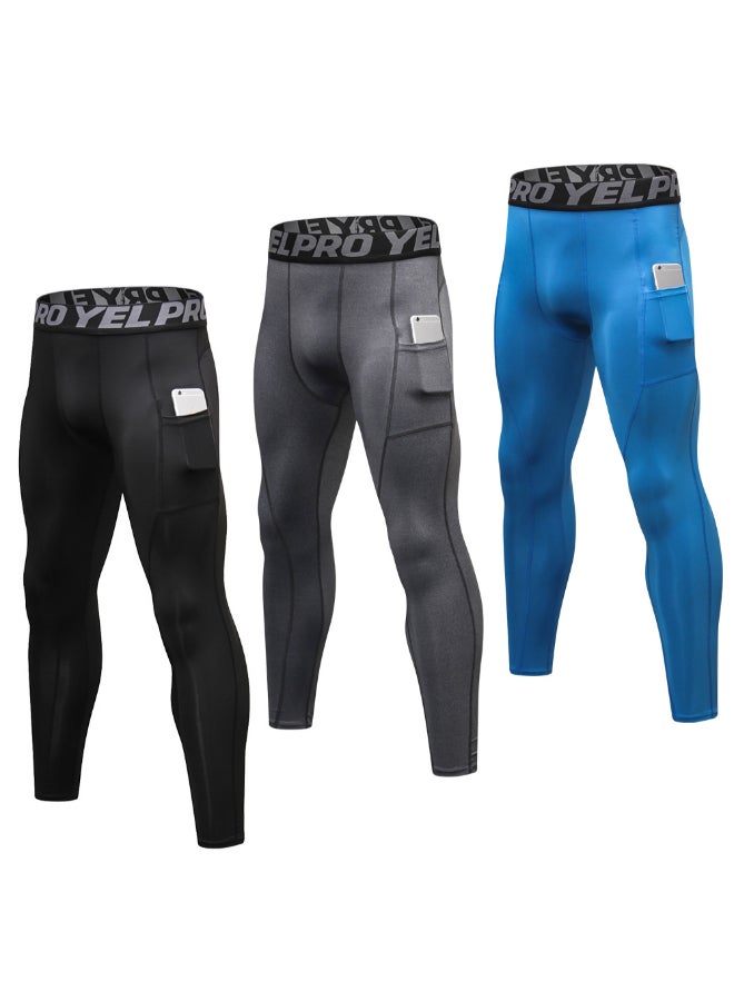 3-Pieve Compression Tights Baselayer Workout Pocket Leggings Set Black/Grey/Blue  - Image 1