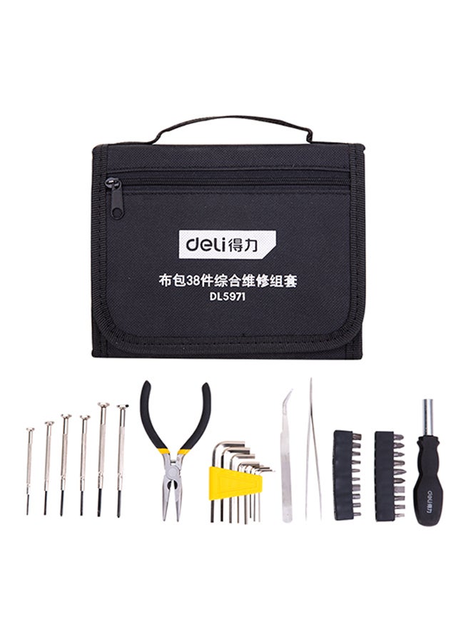 Deli 38-Piece Comprehensive Maintenance Kit With Fabric Bag Black/Silver 26x54x34cm  - Image 1