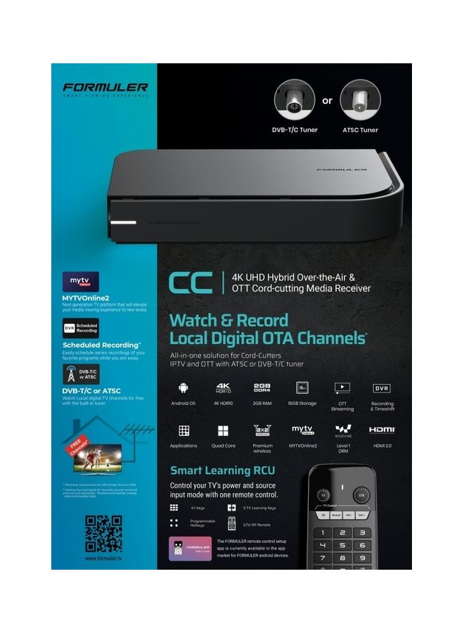FORMULER - 2GB RAM 16GB ROM 4K UHD Hybrid Android IPTV Box With DVB-C Connection CC Black - Image 1