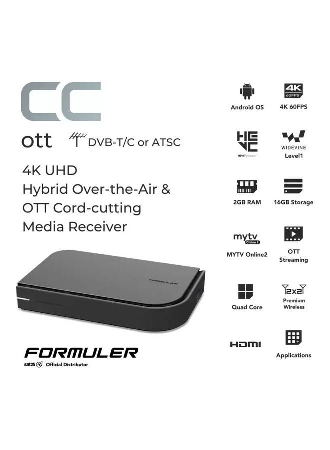 FORMULER - 2GB RAM 16GB ROM 4K UHD Hybrid Android IPTV Box With DVB-C Connection CC Black - Image 1