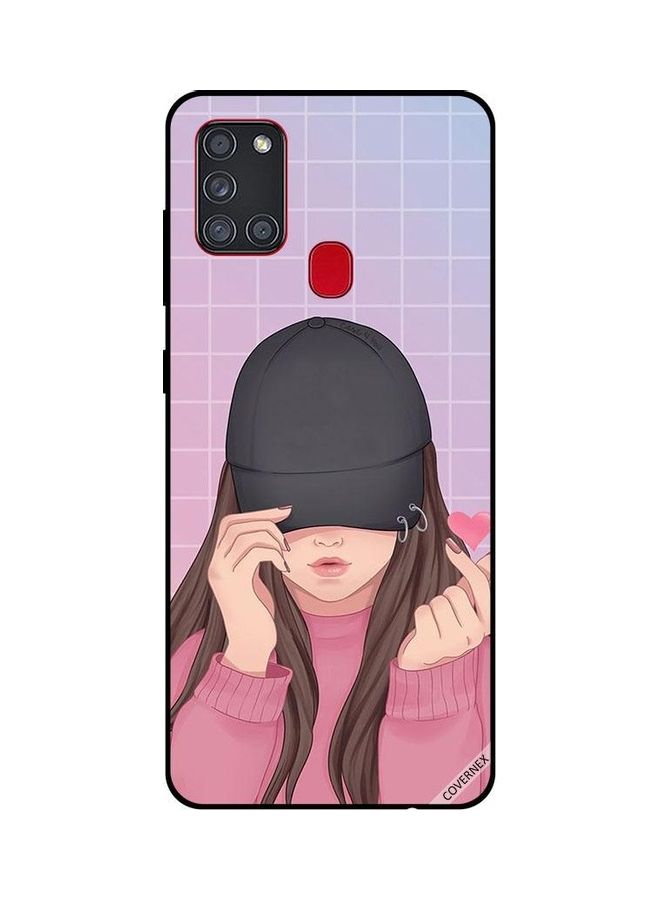 كوفرنيكس غطاء حماية بطبعة فتاة ترتدي قبعة سوداء ورسمة قلب لهاتف سامسونج جالاكسي A21S تصميم فتاة ترتدي قبعة مع فرقعة أصابع تعبيراً عن الحب - Image 1