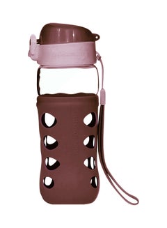 Anti Slip Glass Pop Leak-Proof Cup Portable Bottle With Flip Cap Carrying Handle And Protective Silicone Sleeve Brown/Clear 450ml