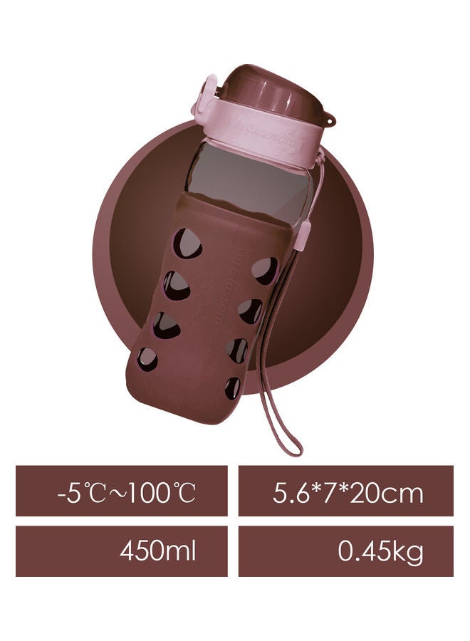 AIWANTO - Anti Slip Glass Pop Leak-Proof Cup Portable Bottle With Flip Cap Carrying Handle And Protective Silicone Sleeve Brown/Clear 450ml - Image 1