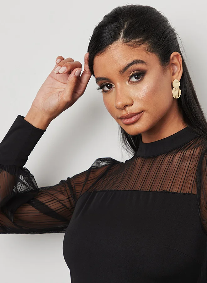 Closet By Styli High Neck Mesh Yoke Bodycon Midi Dress Black