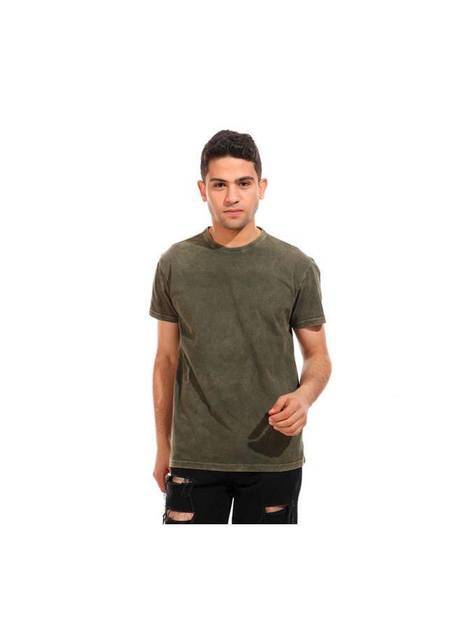 Pavone - Tie-Dye Ribbed Round Neck T-Shirt - Olive Green - Image 1