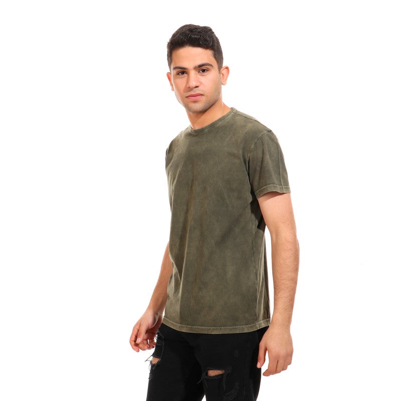 Pavone - Tie-Dye Ribbed Round Neck T-Shirt - Olive Green - Image 1