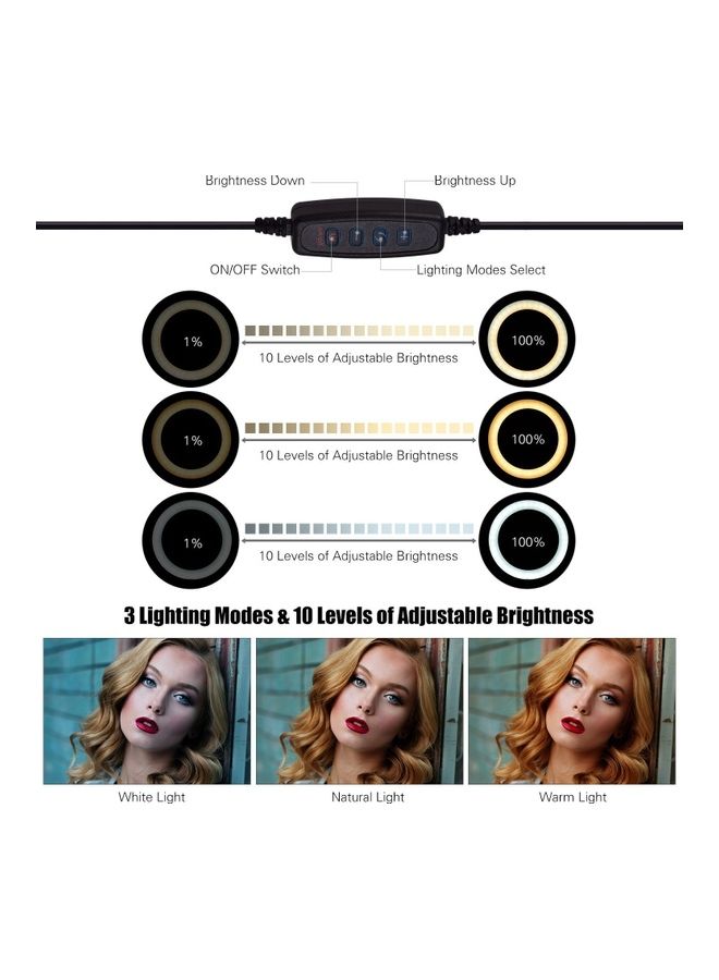 مصباح LED حلقي ب3 أوضاع مع حامل مرن للهاتف أبيض/أسود - Image 3