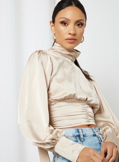 FEMME LUXE High Neck Ruched Satin Top Cream  - Image 2