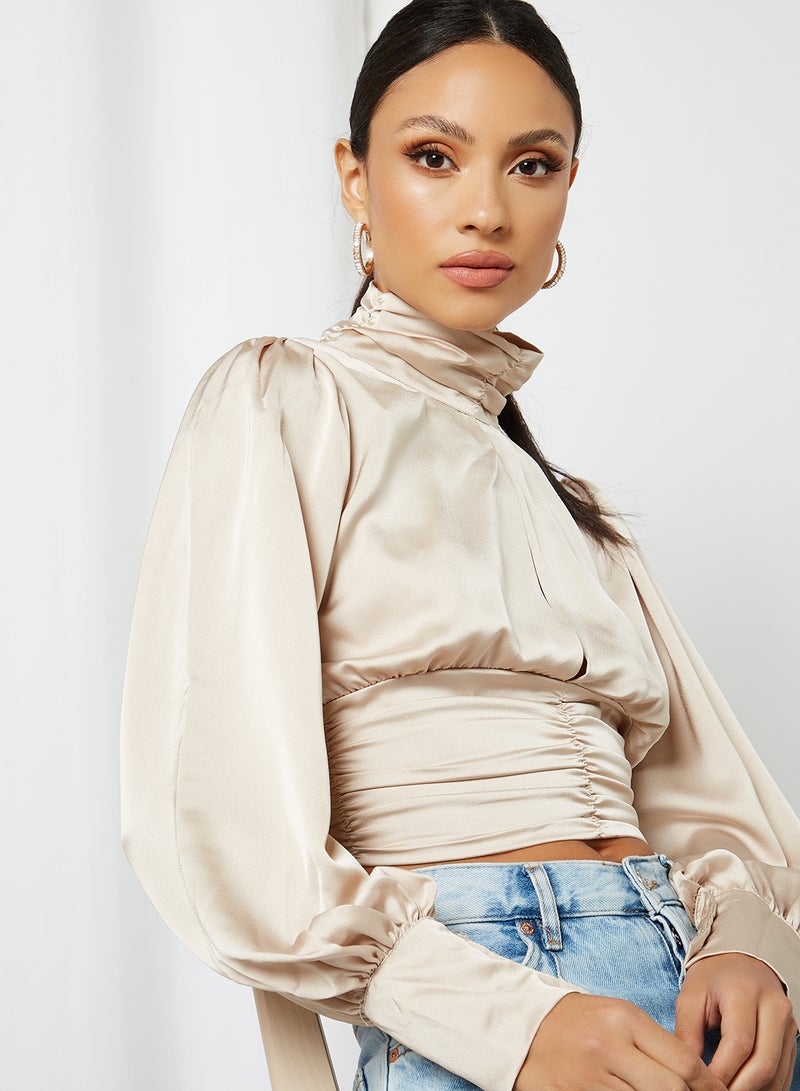 FEMME LUXE High Neck Ruched Satin Top Cream  - Image 2