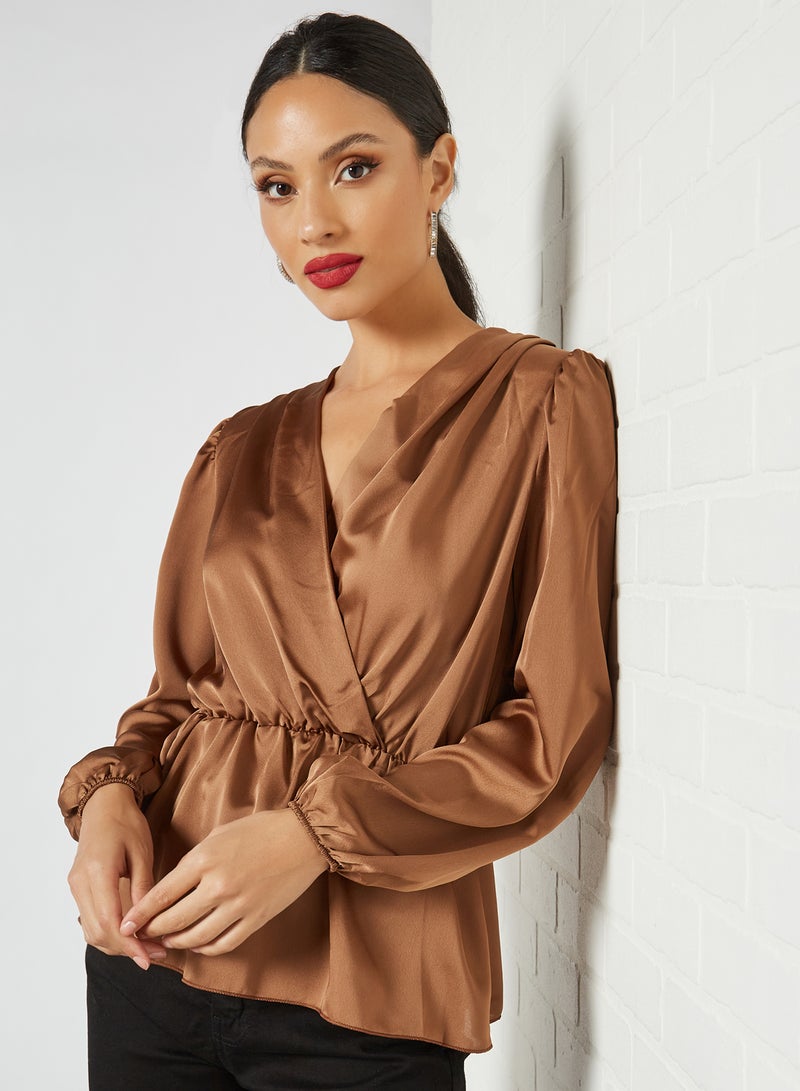 FEMME LUXE Wrap Front Detail Satin Top Mocha  - Image 1