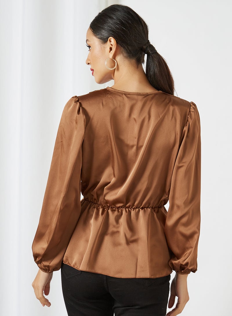 FEMME LUXE Wrap Front Detail Satin Top Mocha  - Image 3
