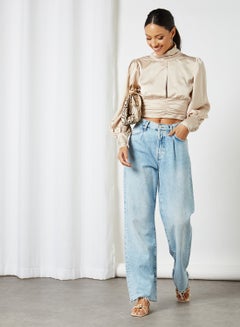 FEMME LUXE High Neck Ruched Satin Top Cream  - Image 3