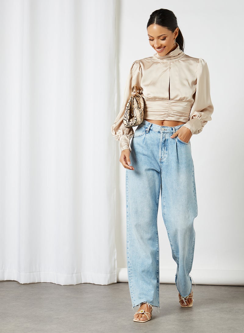 FEMME LUXE High Neck Ruched Satin Top Cream  - Image 3