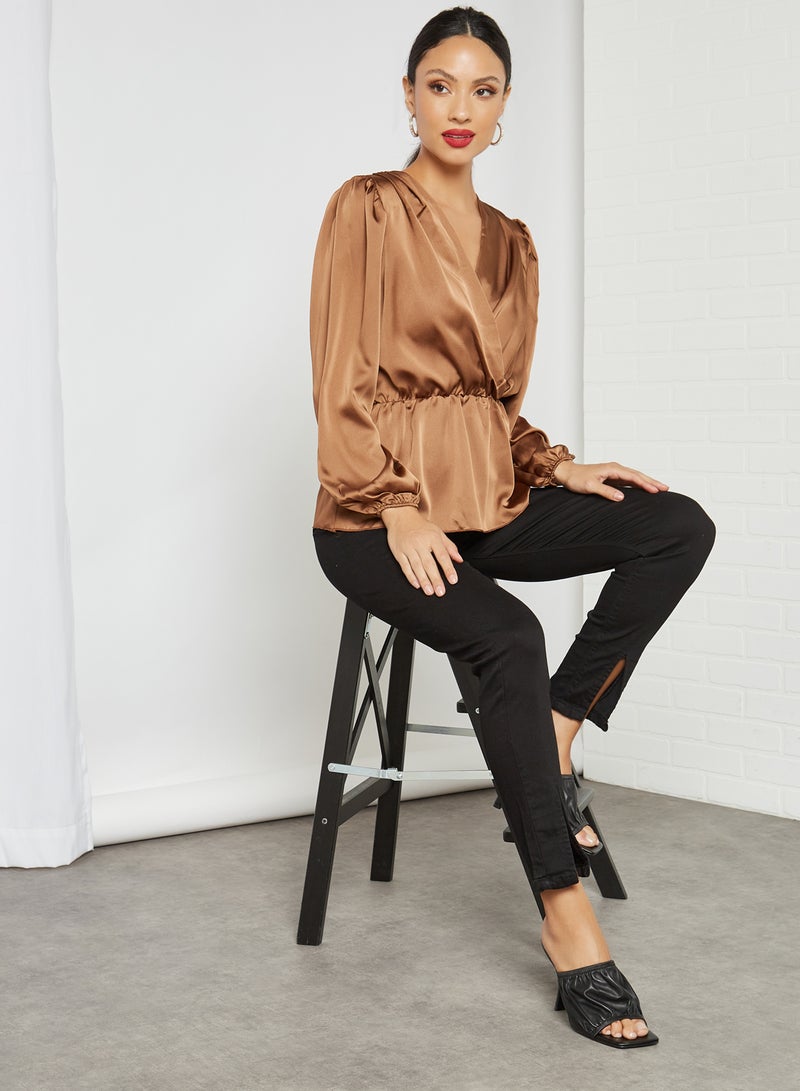 FEMME LUXE Wrap Front Detail Satin Top Mocha  - Image 2