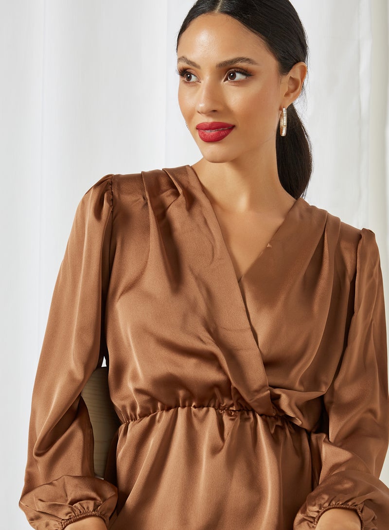FEMME LUXE Wrap Front Detail Satin Top Mocha  - Image 4