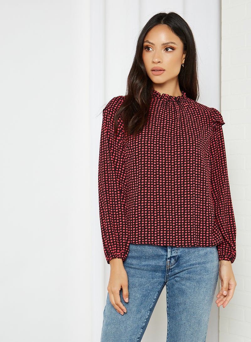NEW LOOK - Betty Grid  Frill Blouse Red And Black - Image 1