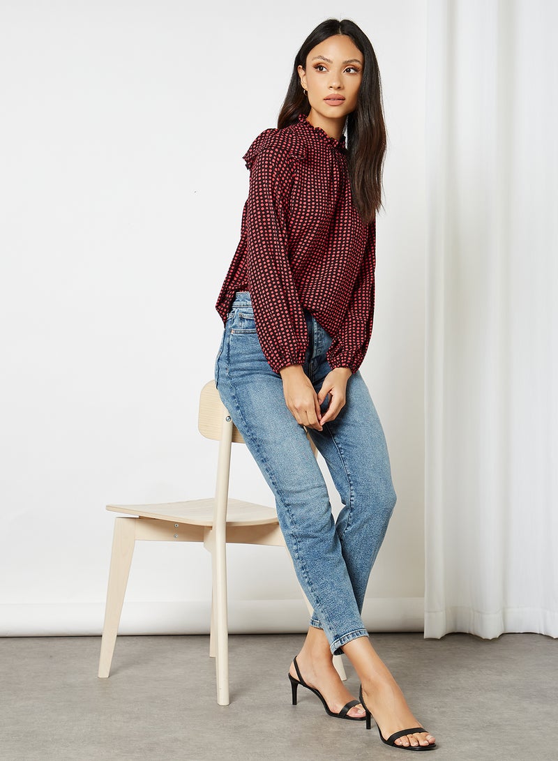 NEW LOOK - Betty Grid  Frill Blouse Red And Black - Image 1