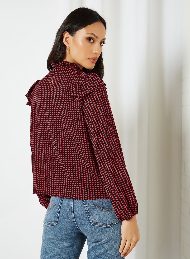 NEW LOOK - Betty Grid  Frill Blouse Red And Black - Image 1
