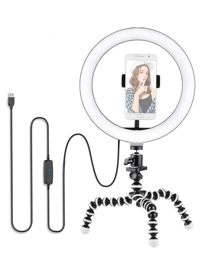 3-Mode LED Ring Light Kit with Flexible Octopus Tripod and Mini Ball Head White/Black - Image 1