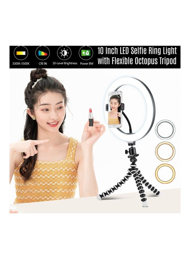 3-Mode LED Ring Light Kit with Flexible Octopus Tripod and Mini Ball Head White/Black - Image 2