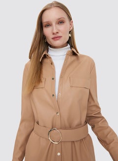 Mohito Faux Leather Belted Dress Beige  - Image 4