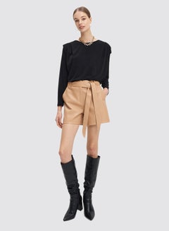Mohito Faux Leather Belted Shorts Beige  - Image 2