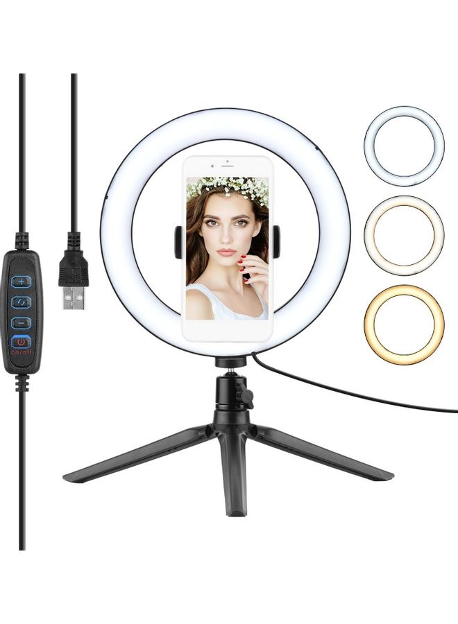 مصباح LED حلقي الشكل مع حامل للهاتف أسود/أبيض