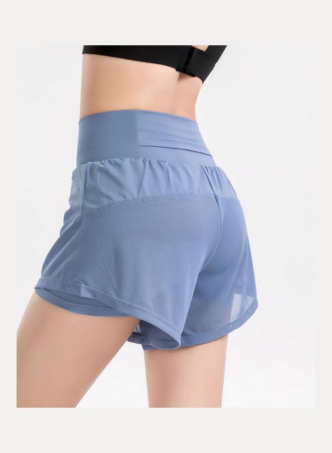 Wide Elastic Waistband Pockets Mesh Splicing Breathable Sport Shorts Blue  - Image 1