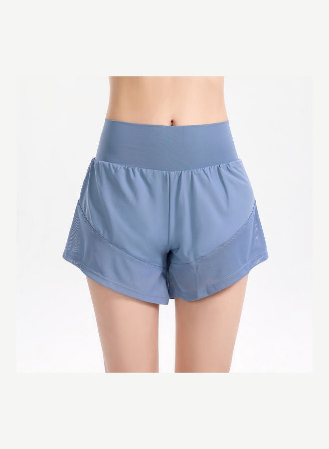 Wide Elastic Waistband Pockets Mesh Splicing Breathable Sport Shorts Blue  - Image 3