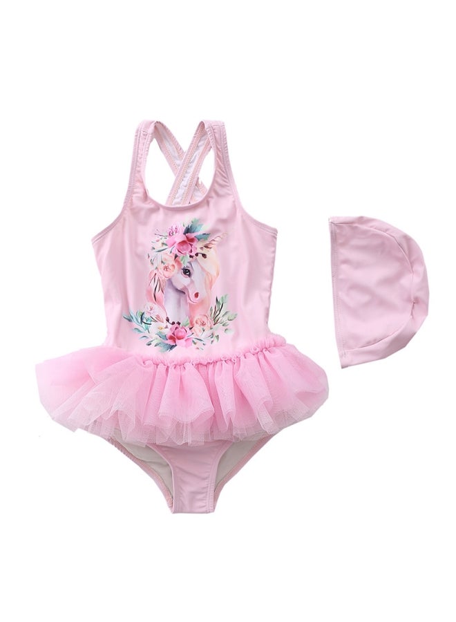 XiuWoo Girl's Cute Swimwear With Cap 100cm 