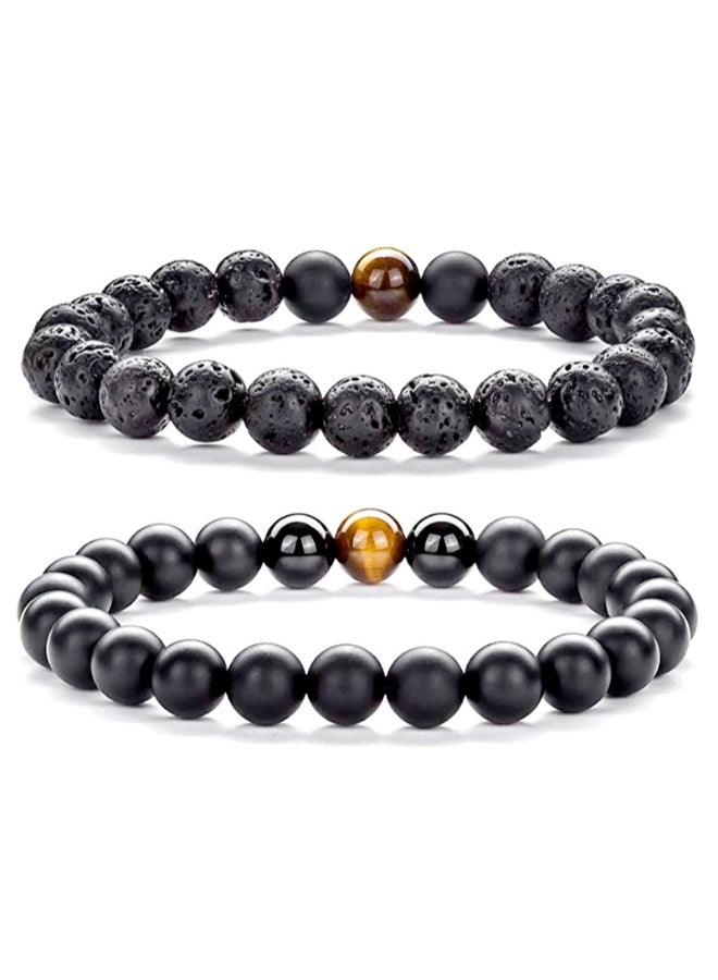 Miracle Empire 2-Piece Natural Volcanic Lava, Tiger Eye And Matte Onyx Style Bracelet Set - Image 1