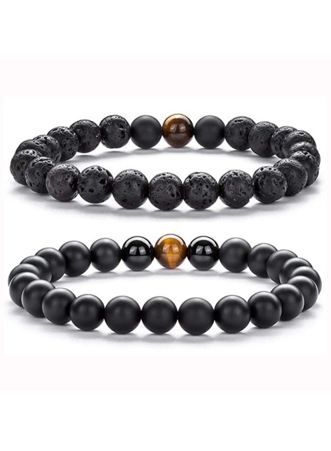 Miracle Empire 2-Piece Natural Volcanic Lava, Tiger Eye And Matte Onyx Style Bracelet Set - Image 2