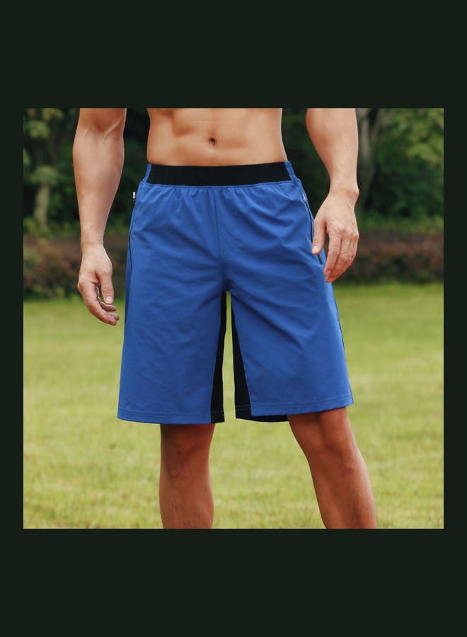 Elastic Waistband Zipper Pocket Quick-Dry Sport Shorts Blue  - Image 1