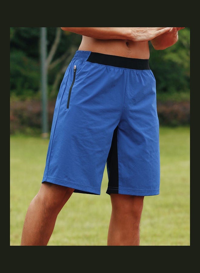 Elastic Waistband Zipper Pocket Quick-Dry Sport Shorts Blue  - Image 2