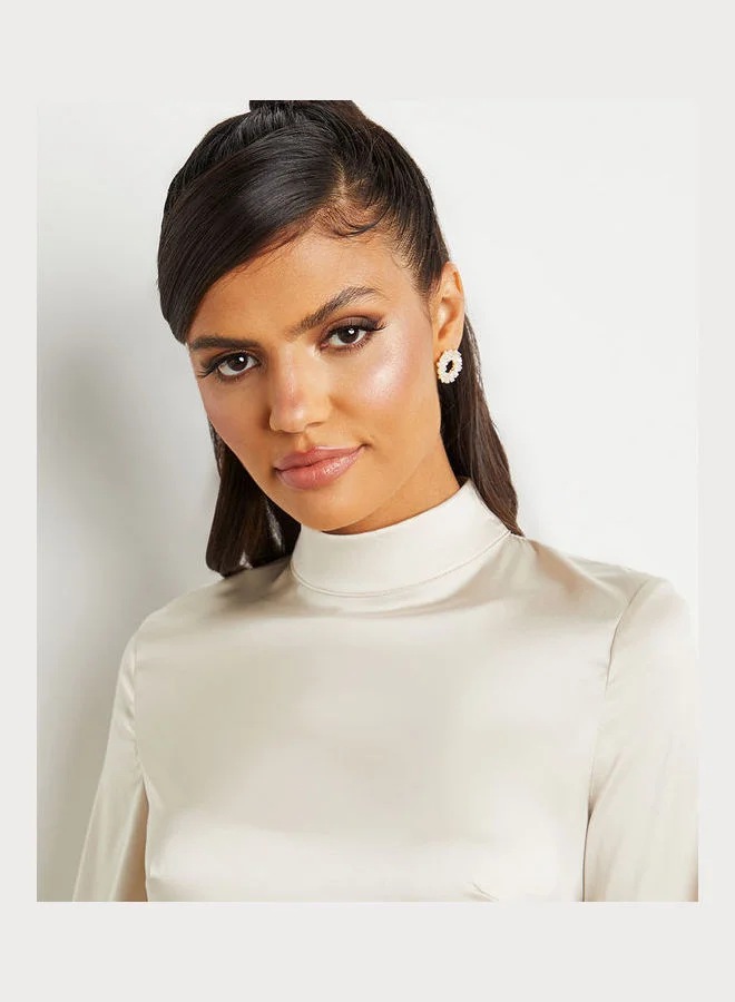 Closet By Styli Pleated Midi Dress Beige