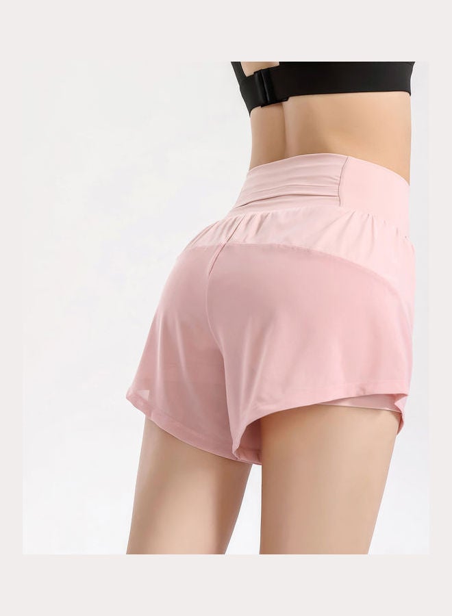 Wide Elastic Waistband Pockets Mesh Splicing Breathable Sport Shorts Pink  - Image 3