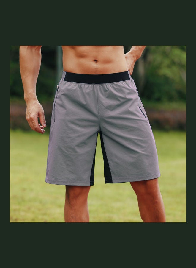 Elastic Waistband Zipper Pocket Quick-Dry Sport Shorts Grey  - Image 1
