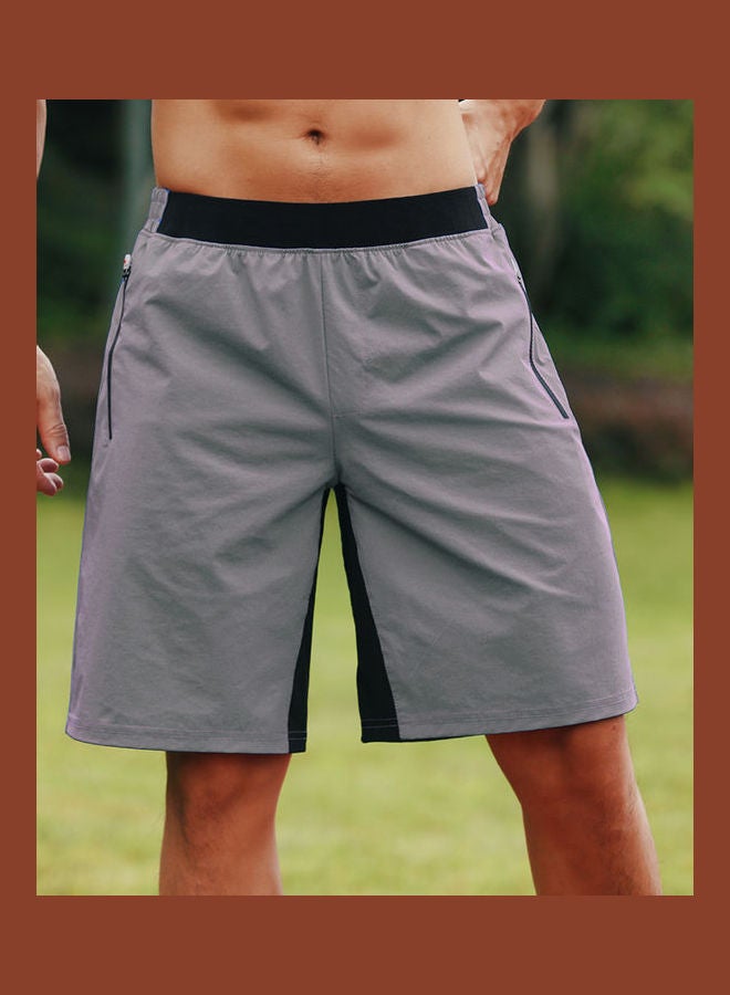 Elastic Waistband Zipper Pocket Quick-Dry Sport Shorts Grey  - Image 2