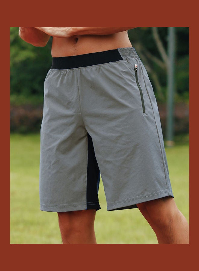 Elastic Waistband Zipper Pocket Quick-Dry Sport Shorts Grey  - Image 4