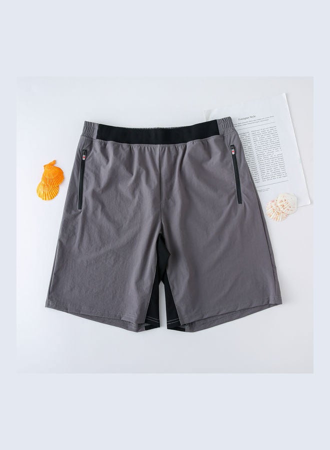 Elastic Waistband Zipper Pocket Quick-Dry Sport Shorts Grey  - Image 5