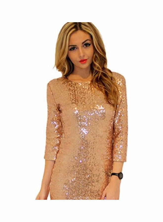 Long Sleeve Shimmered Dress Gold - Image 2