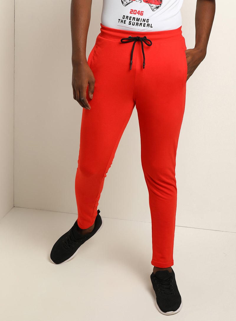 ABOF Knitted Rib Drawstring Detail Mid-Rise Skinny Fit Plain Cuff Joggers Dark Orange  - Image 1