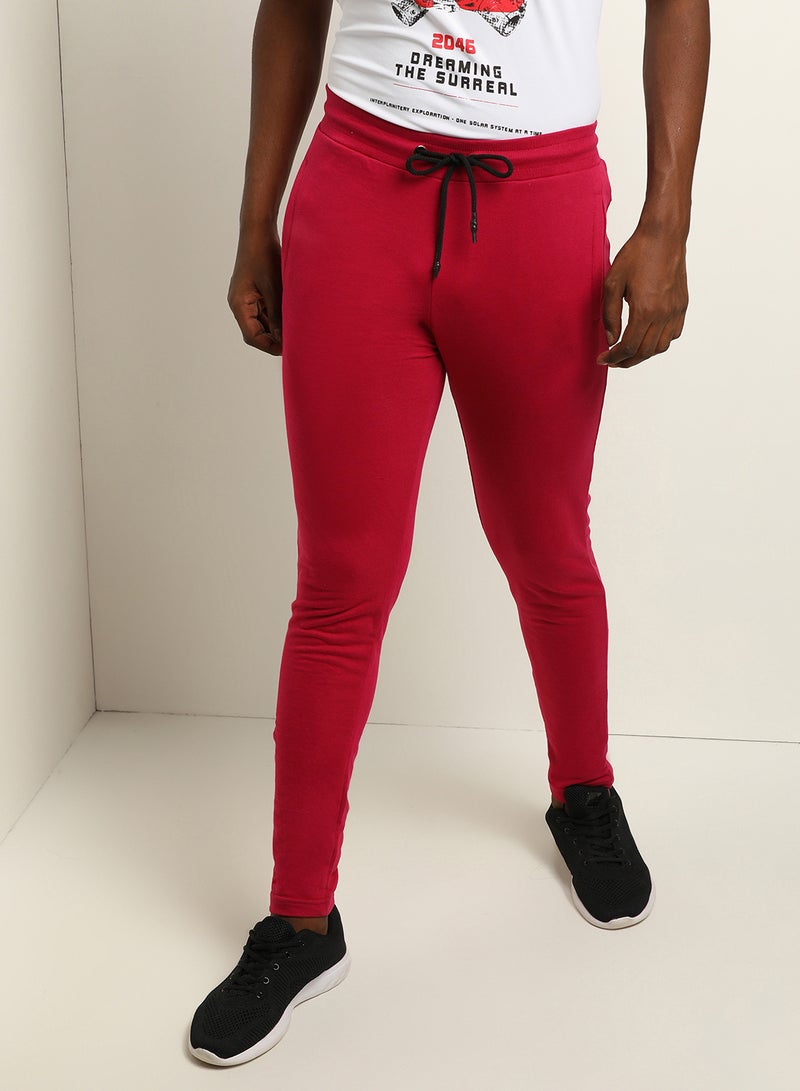 ABOF Skinny Fit Mid-Rise Knitted Ribbed Plain Sweatpants Dark Pink  - Image 1