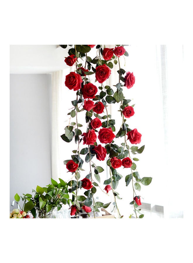 XiuWoo - Artificial Fake Silk Rose Flower Ivy Vine Garland Wedding Party Home Décor Red/Green 1.8meter - Image 1