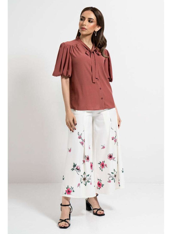 RINA - Knotted Strap Puff Sleeve Blouse Brown - Image 1
